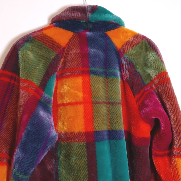 Vintage 70s Donneybrook Bright Plaid Faux Fur Shawl Collar Coat - Picture 8 of 11